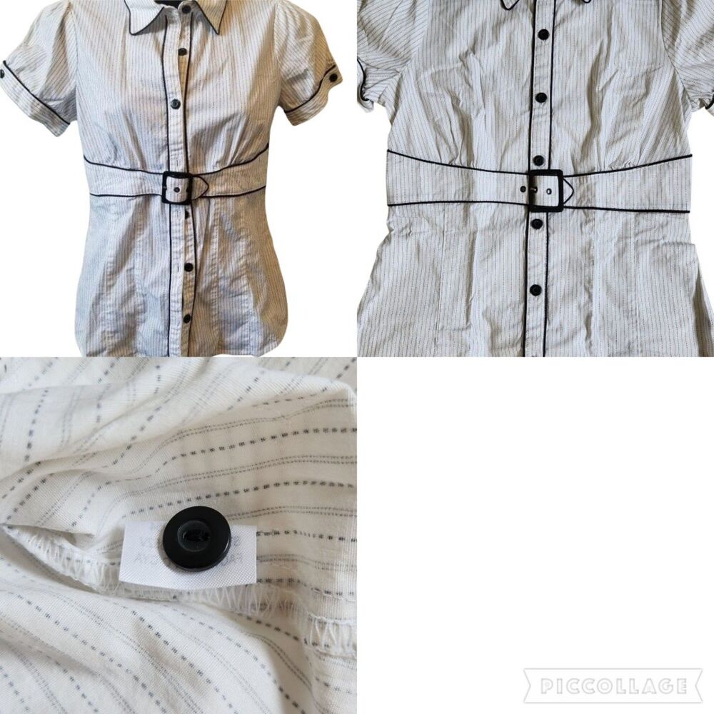 Maurices White Black Pinstripe Collared Short Sleeve Button Front Top sz S - Picture 8 of 11